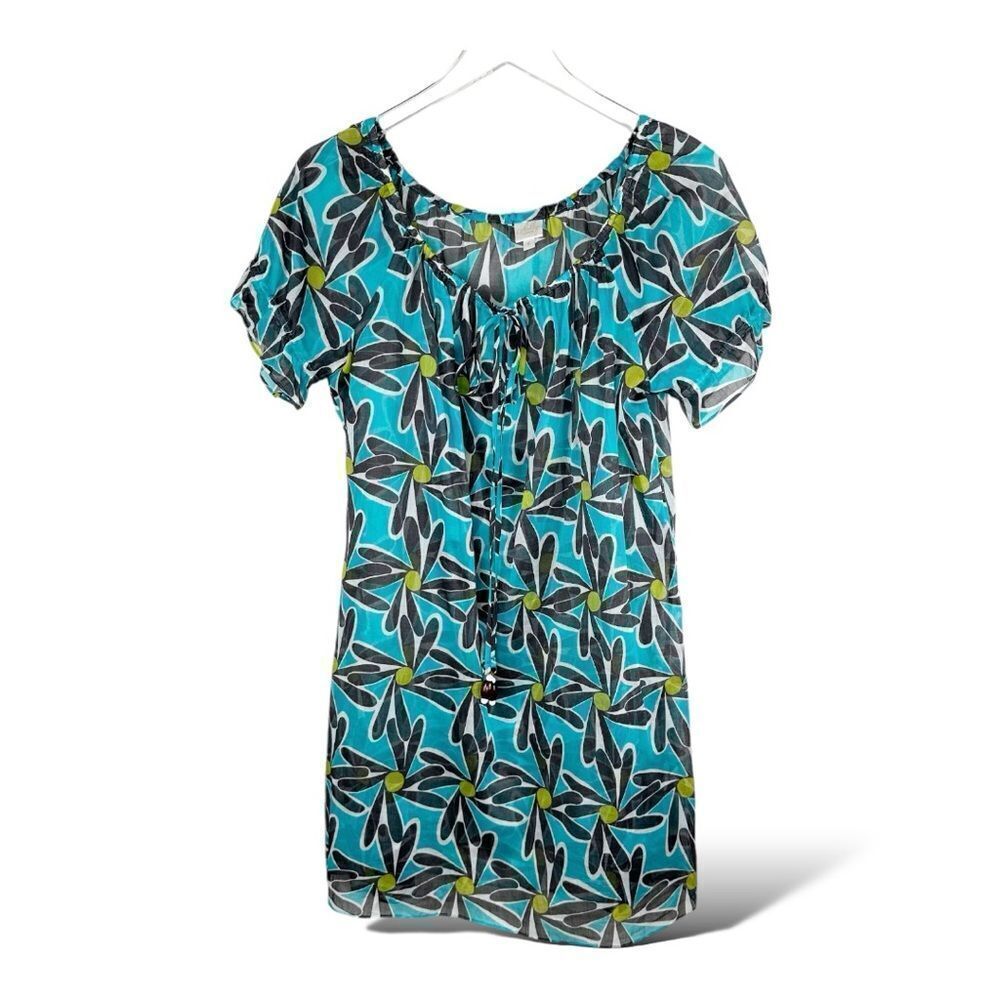 Milly Cabana Turquoise/Black Sheer Cotton Beach Cover-up Dress Tassel  Medium‎